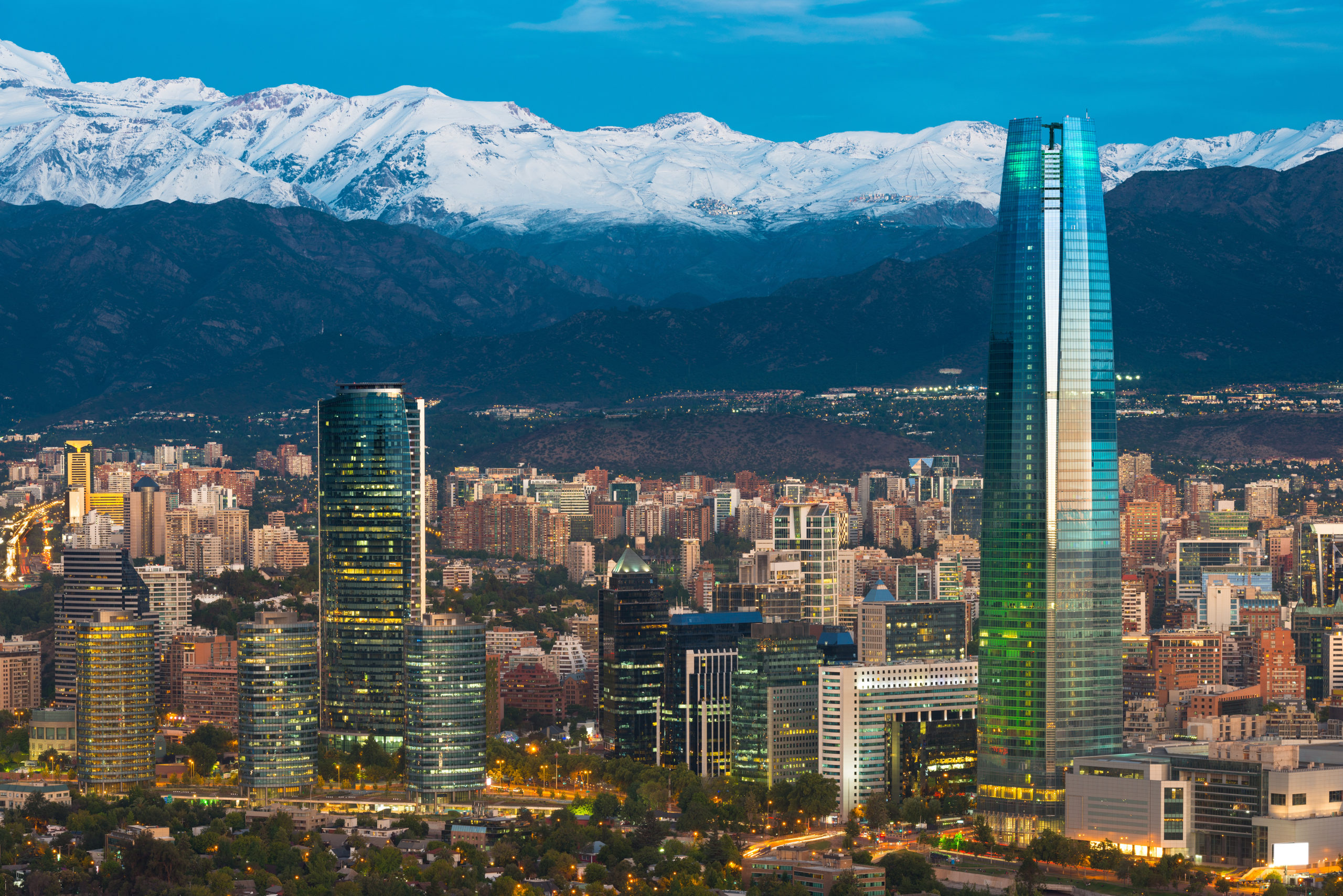 The skyline of Santiago de Chile at the bottom of the Andes Mountains