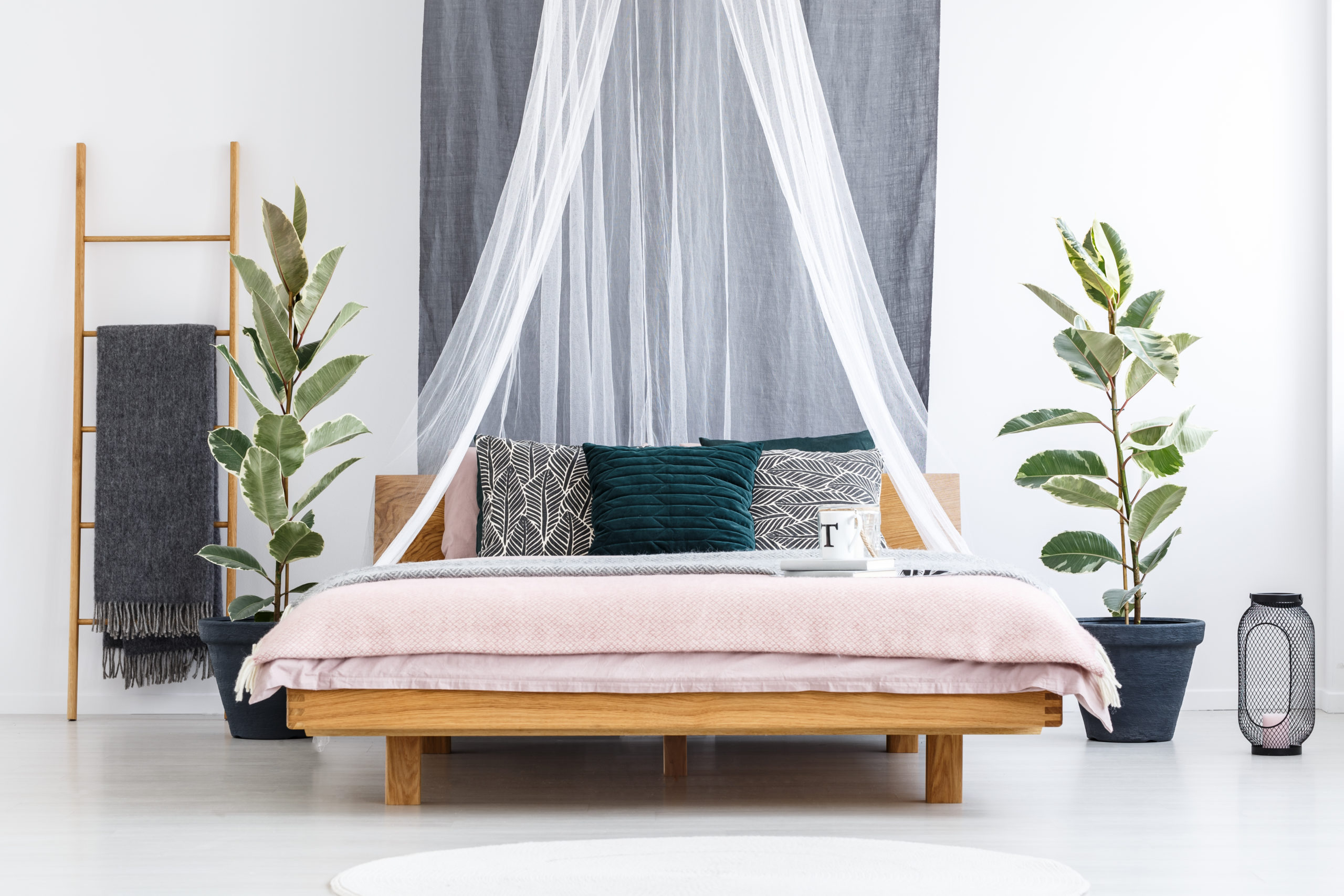 wooden bed with white canopy